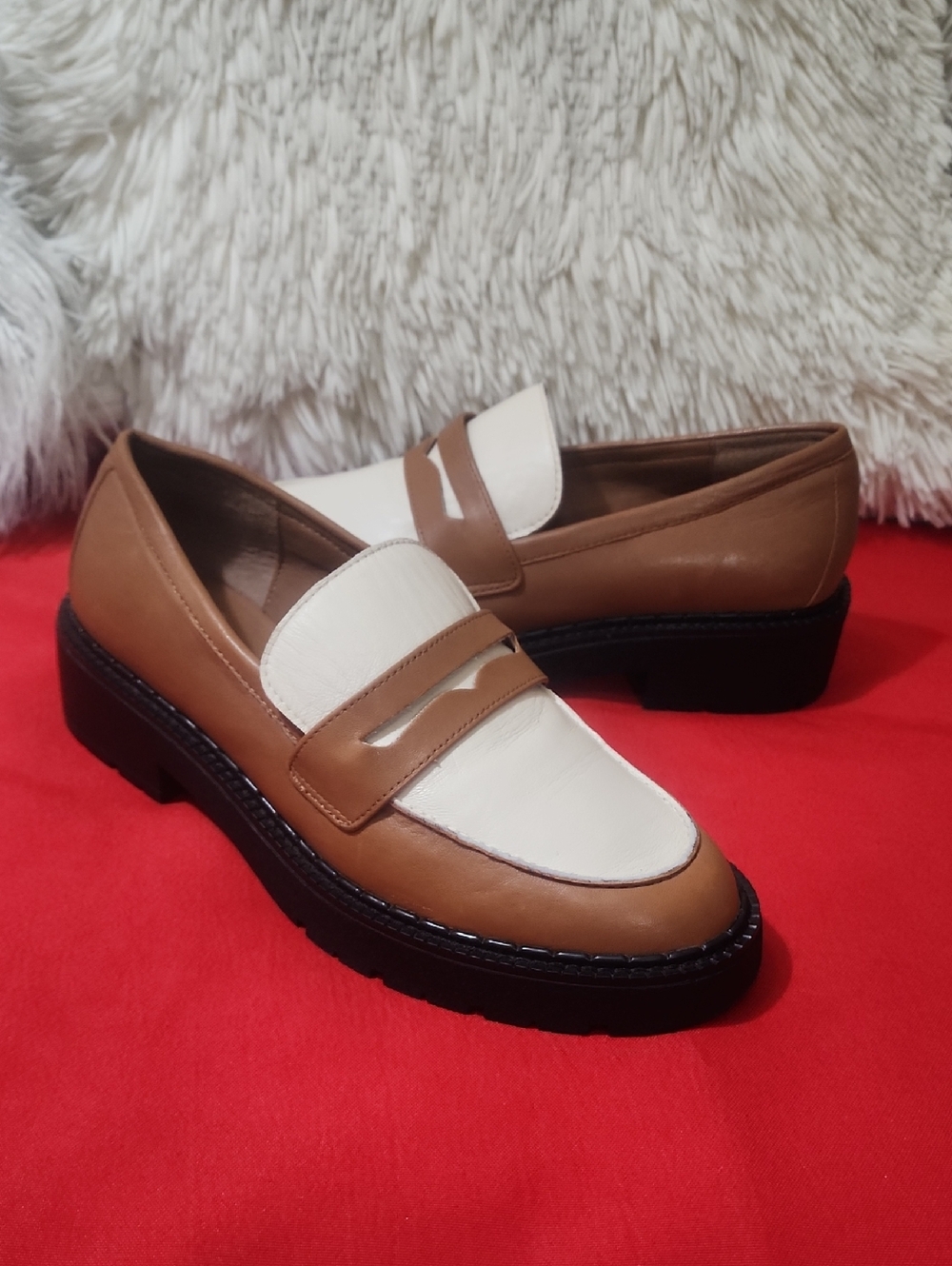 Gianni Bini Alter Ego Leather Platform Two-Tone Brown and White Penny Loafers